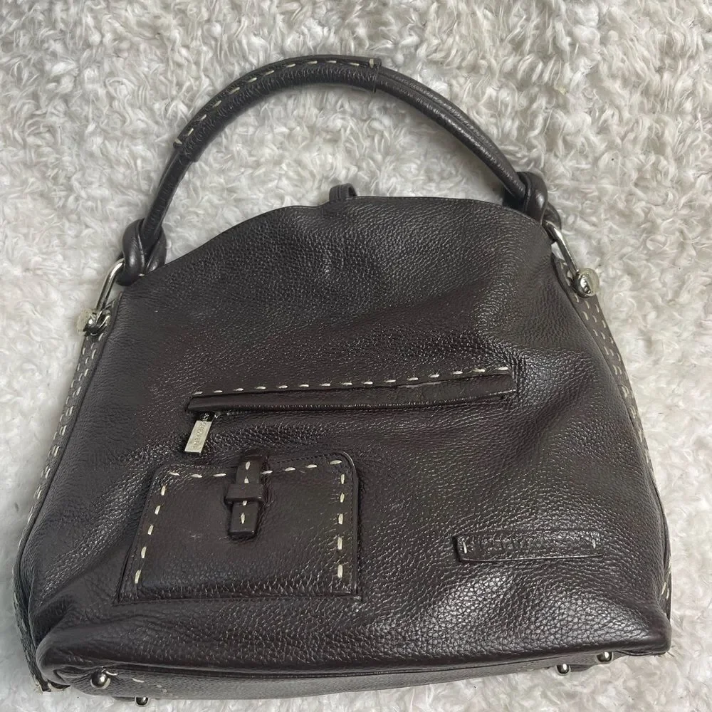 BCBGMAXAZRIA Hobo Leather dark Brown Bag Stitching accent,silver tone hardwares